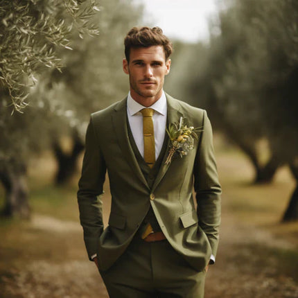 Mens Olive Green Suit Double Breasted Three Piece Suit Tux