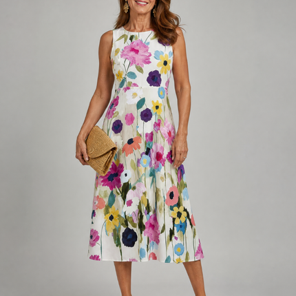Floral Print Sleeveless Round Neck Midi Dress