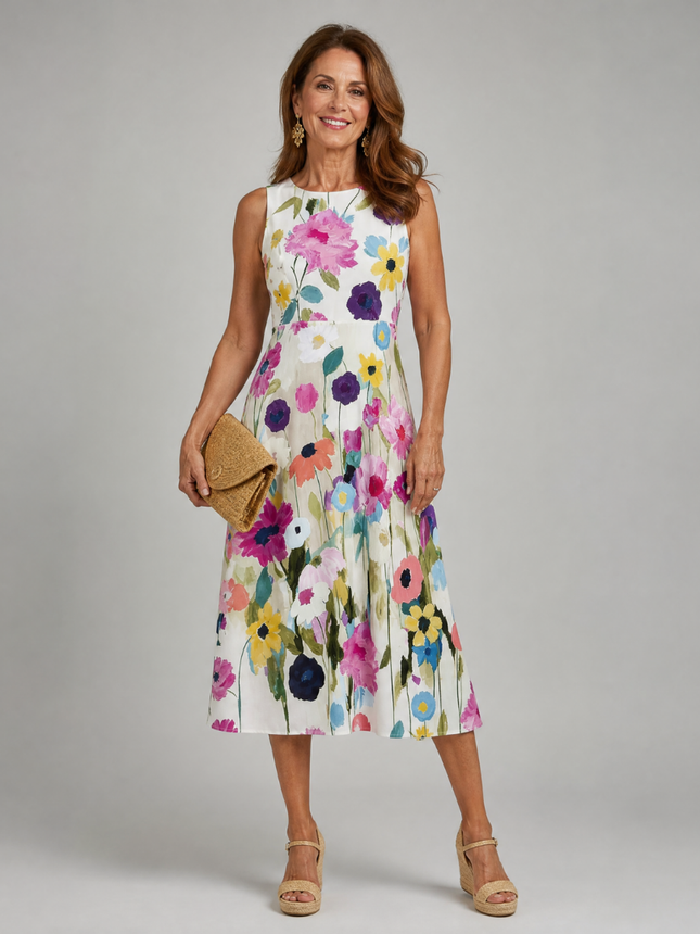 Floral Print Sleeveless Round Neck Midi Dress