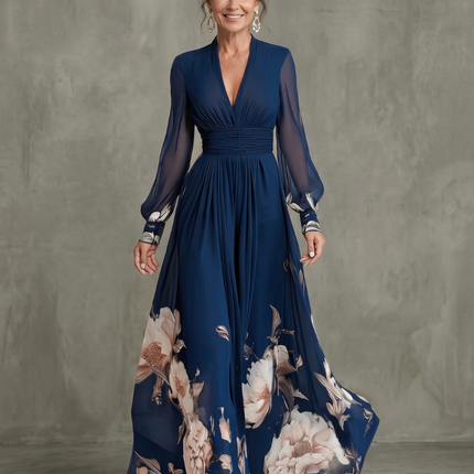 Pleated Sheer Sleeves Maxi Dress