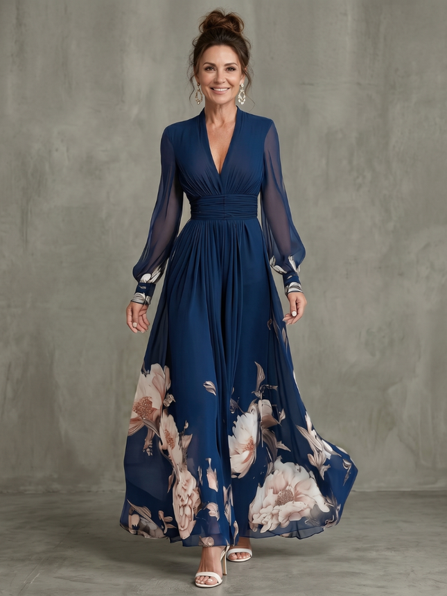 Pleated Sheer Sleeves Maxi Dress