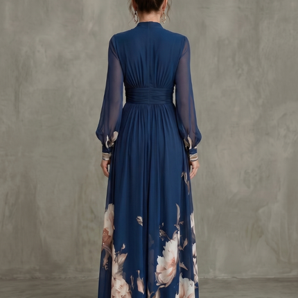 Pleated Sheer Sleeves Maxi Dress