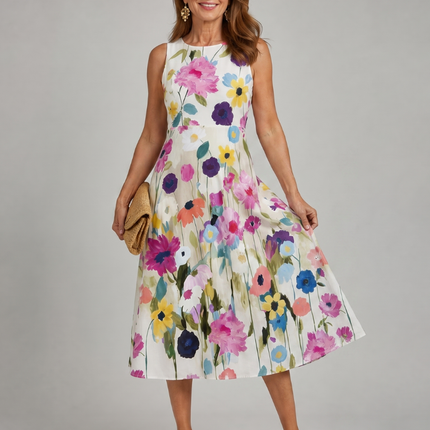 Floral Print Sleeveless Round Neck Midi Dress