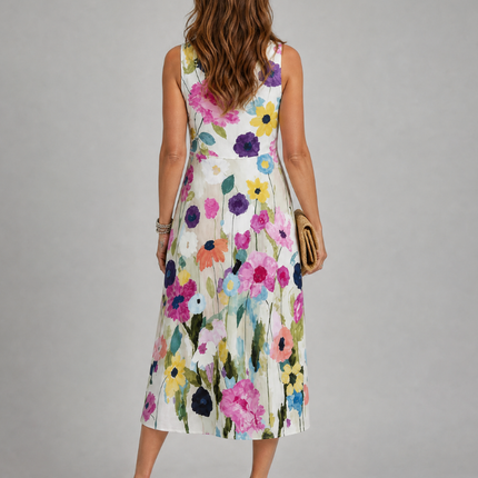 Floral Print Sleeveless Round Neck Midi Dress