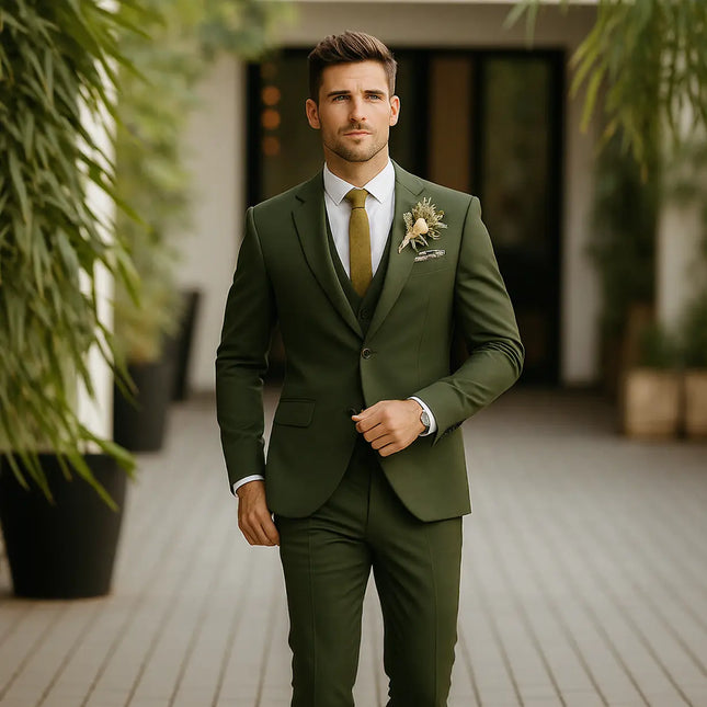 Olive Green Mens Suit Double Breasted Three Piece Tuxedos