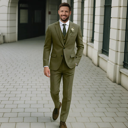 Mens Olive Green Suit Double Breasted Wedding Three Piece Tuxedos