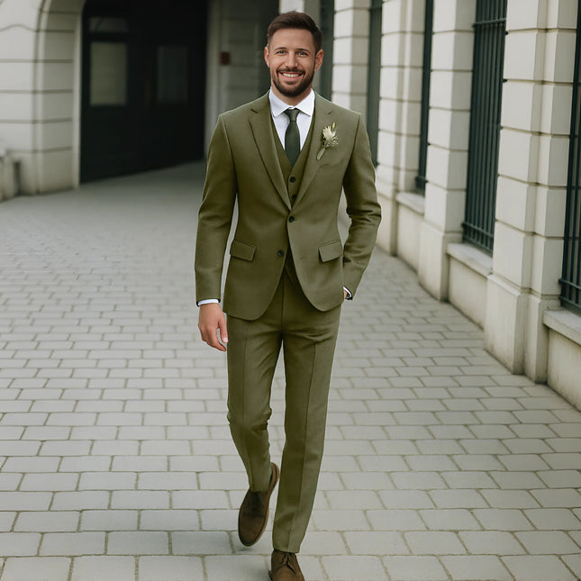 Mens Olive Green Suit Double Breasted Wedding Three Piece Tuxedos