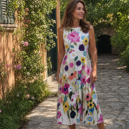 Floral Print Sleeveless Round Neck Midi Dress