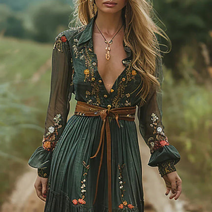 Women's Bohemian Dress Embroidered V Neck Maxi Long Sleeve Dress