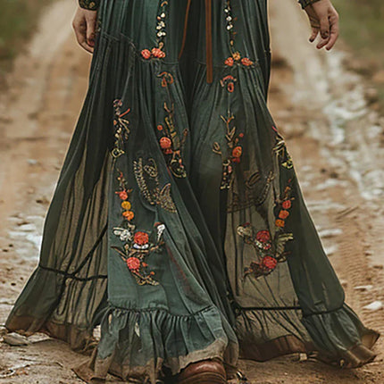 Women's Bohemian Dress Embroidered V Neck Maxi Long Sleeve Dress