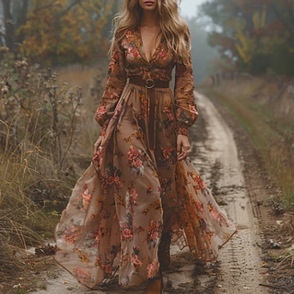 Women's Bohemian Dress Embroidered V Neck Maxi Long Sleeve Dress