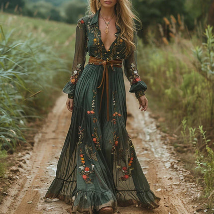 Women's Bohemian Dress Embroidered V Neck Maxi Long Sleeve Dress