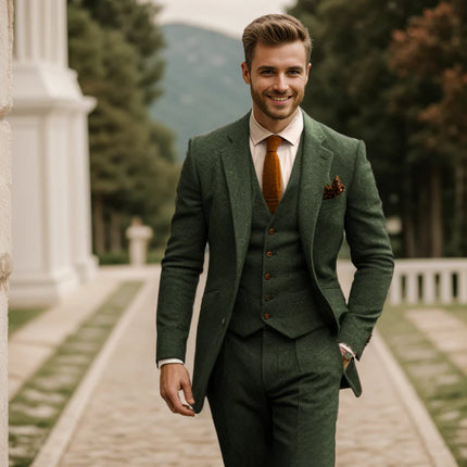 Mens 3 Piece Green Tweed Suits Wedding Vintage Classic Suit Tuxedos