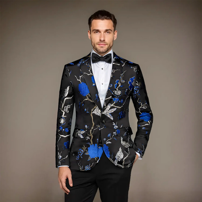 Men's 2-Piece Large Collar Unique Blue Bird Embroidery Suit