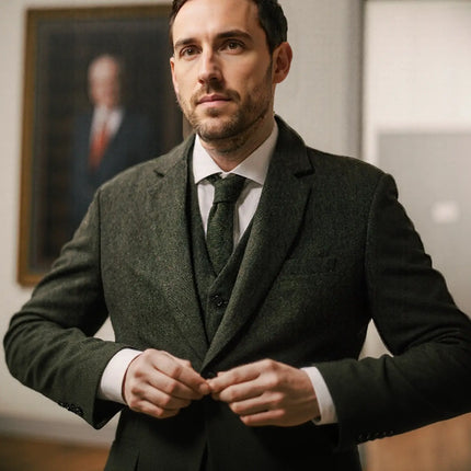 Mens 3 Piece Green Tweed Suits Wedding Vintage Classic Suit Tuxedos