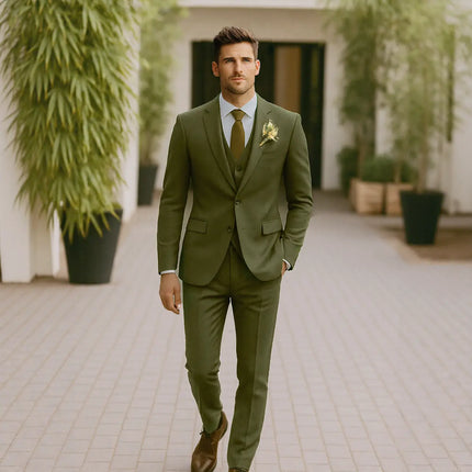 Mens Olive Green Suit Double Breasted Three Piece Suit Tux