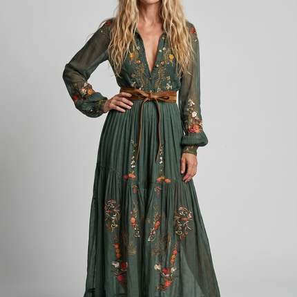 Women's Bohemian Dress Embroidered V Neck Maxi Long Sleeve Dress