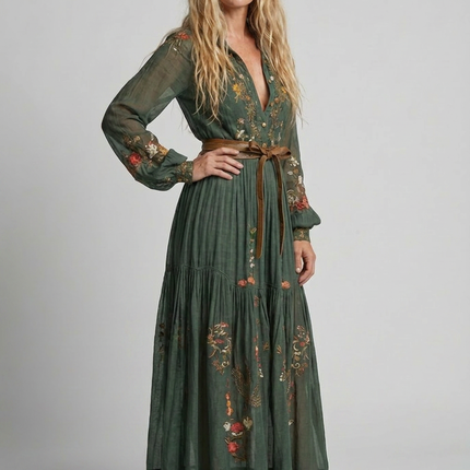 Women's Bohemian Dress Embroidered V Neck Maxi Long Sleeve Dress