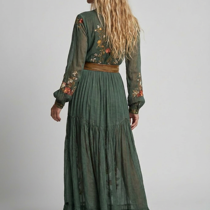Women's Bohemian Dress Embroidered V Neck Maxi Long Sleeve Dress