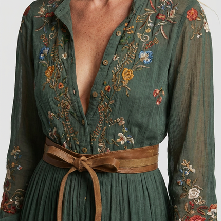 Women's Bohemian Dress Embroidered V Neck Maxi Long Sleeve Dress