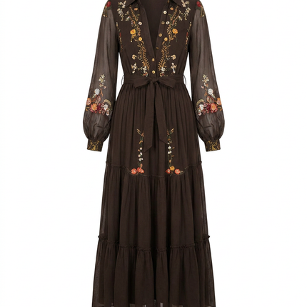 Women's Bohemian Dress Embroidered V Neck Maxi Long Sleeve Dress