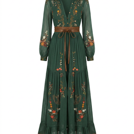 Women's Bohemian Dress Embroidered V Neck Maxi Long Sleeve Dress