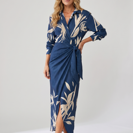 Women's Dress Leaf Print Maxi Wrap V-Neck