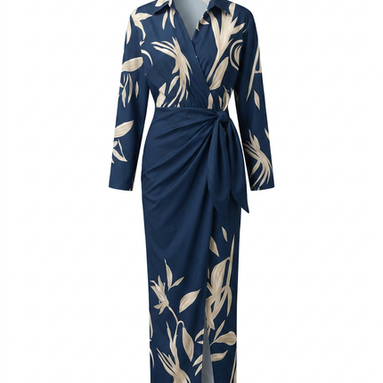 Women's Dress Leaf Print Maxi Wrap V-Neck