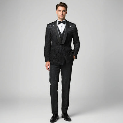 Men's 3-Piece Black Rose Embroidery Shawl Lapel Wedding Suit